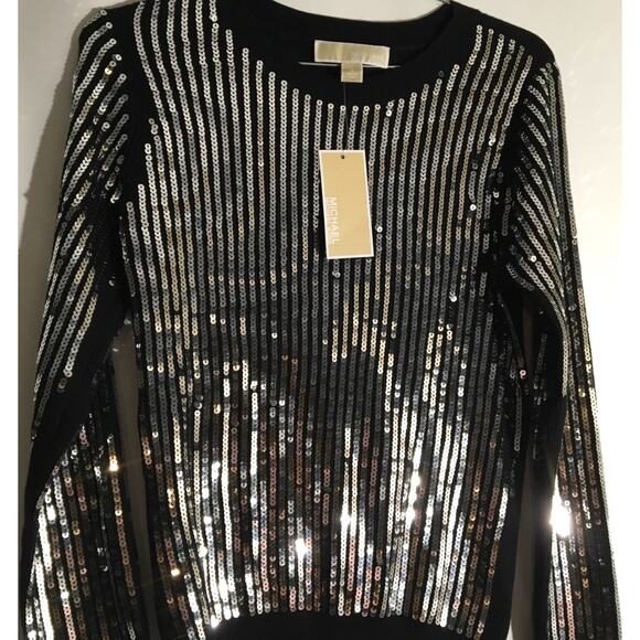 NWT Michael Kors MK Black Knit Silver Sequin Front Sweater Women's Size Small - Picture 3 of 5